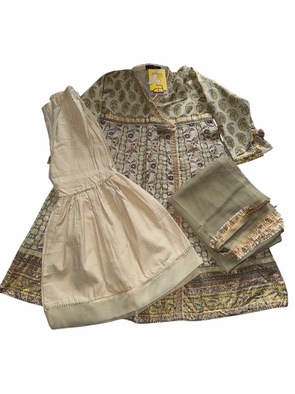 J. Girls Floral Paisley 3-Piece Ethnic Set in Sage and Cream